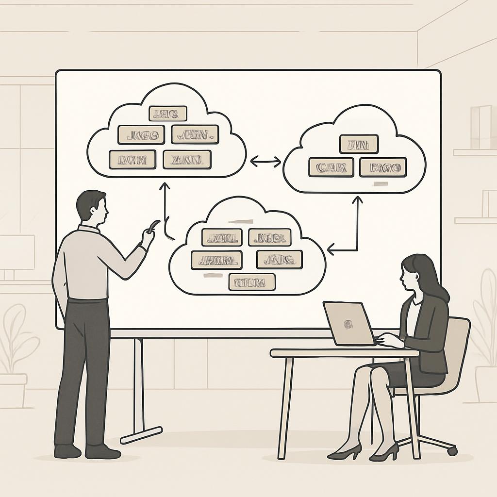 An image of a man and a woman in an office setting, with the man pointing to a large whiteboard displaying two cloud diagr...