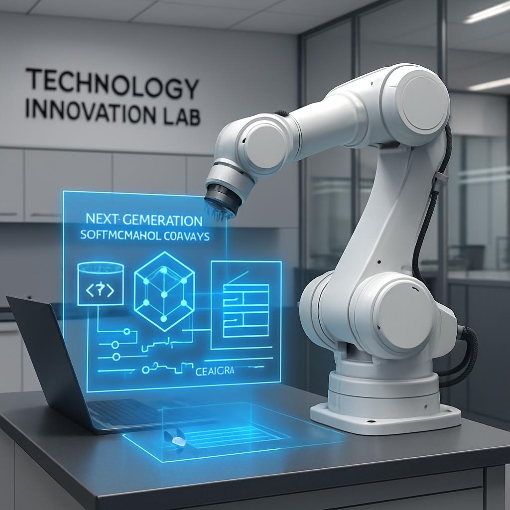 An illustration of a grey robotic arm mounted on a grey surface, displaying a hologram displaying a next-generation tech g...