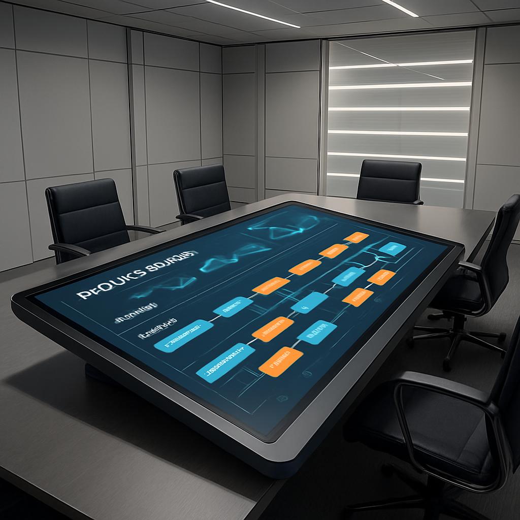 A futuristic conference room featuring a large glass table with a digital interface superimposed on it, accompanied by fiv...