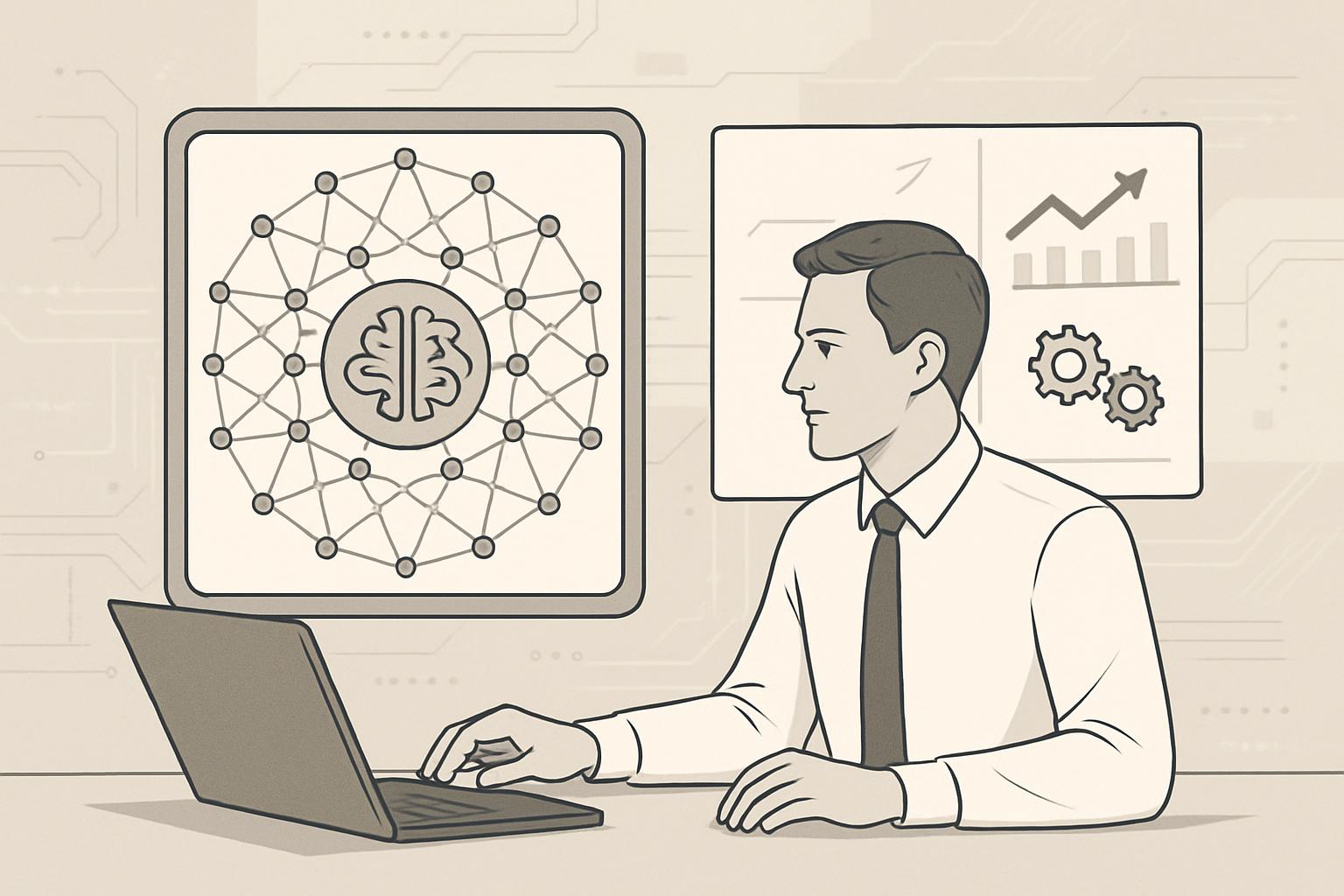 Man working on laptop, with two panels (graphs and cogwheels) on the wall.